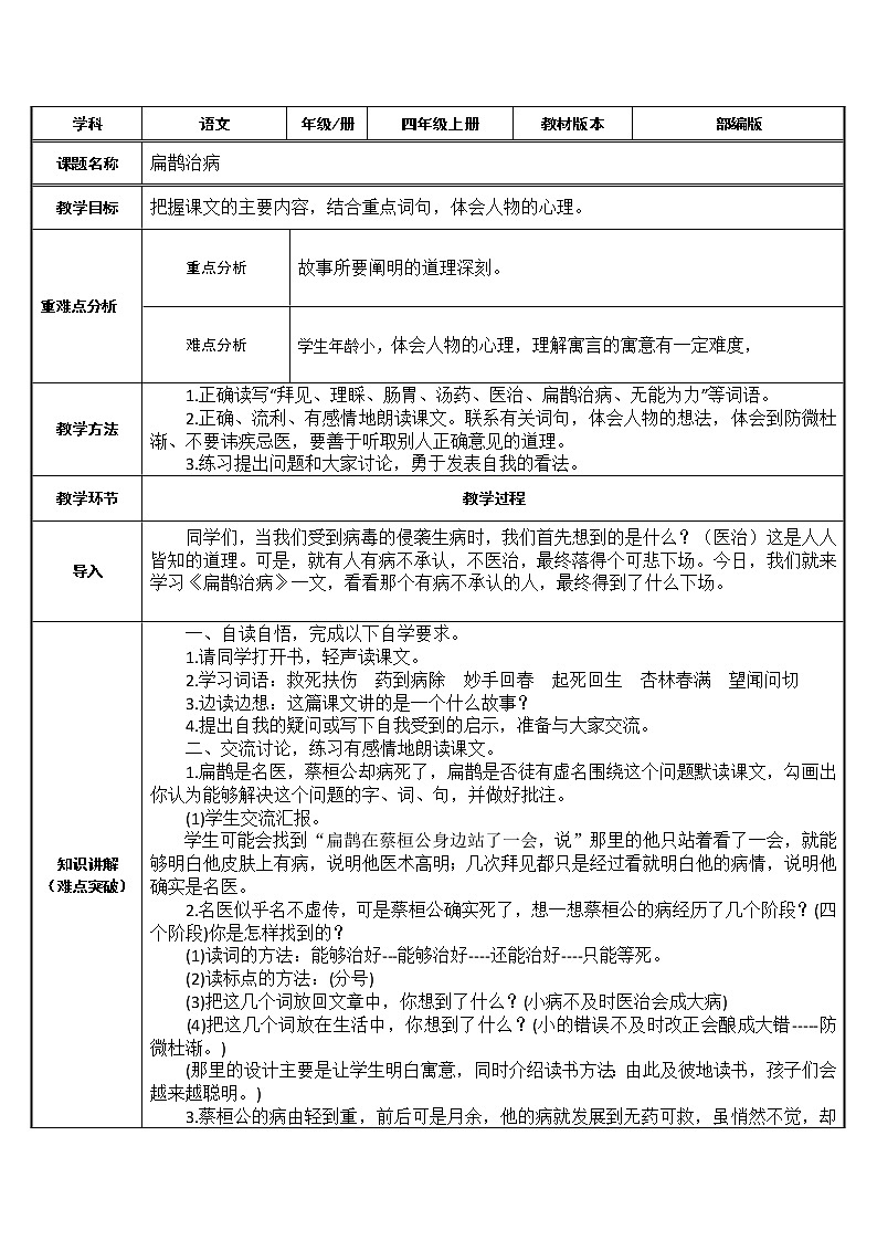 四年级语文上册教案-27.扁鹊治病1-部编版01