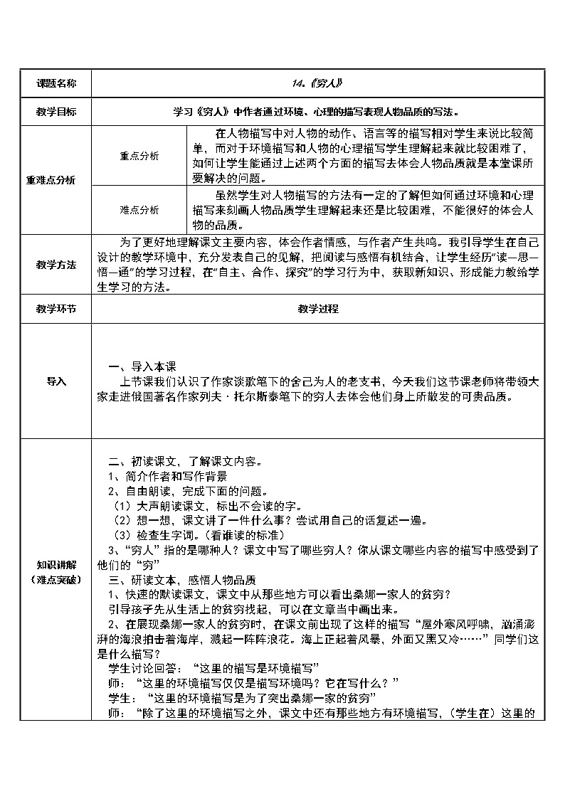 六年级语文上册教案-14.穷人2-部编版第1页