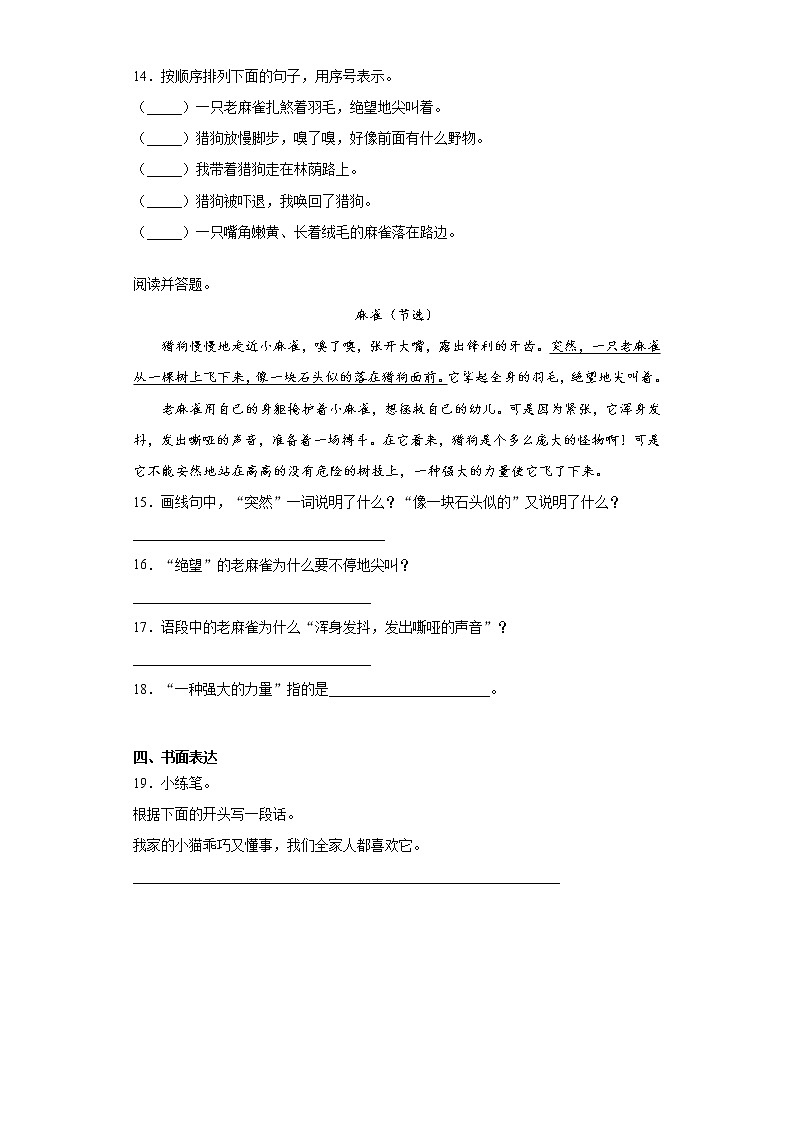 部编版语文四年级上麻雀练习试题03
