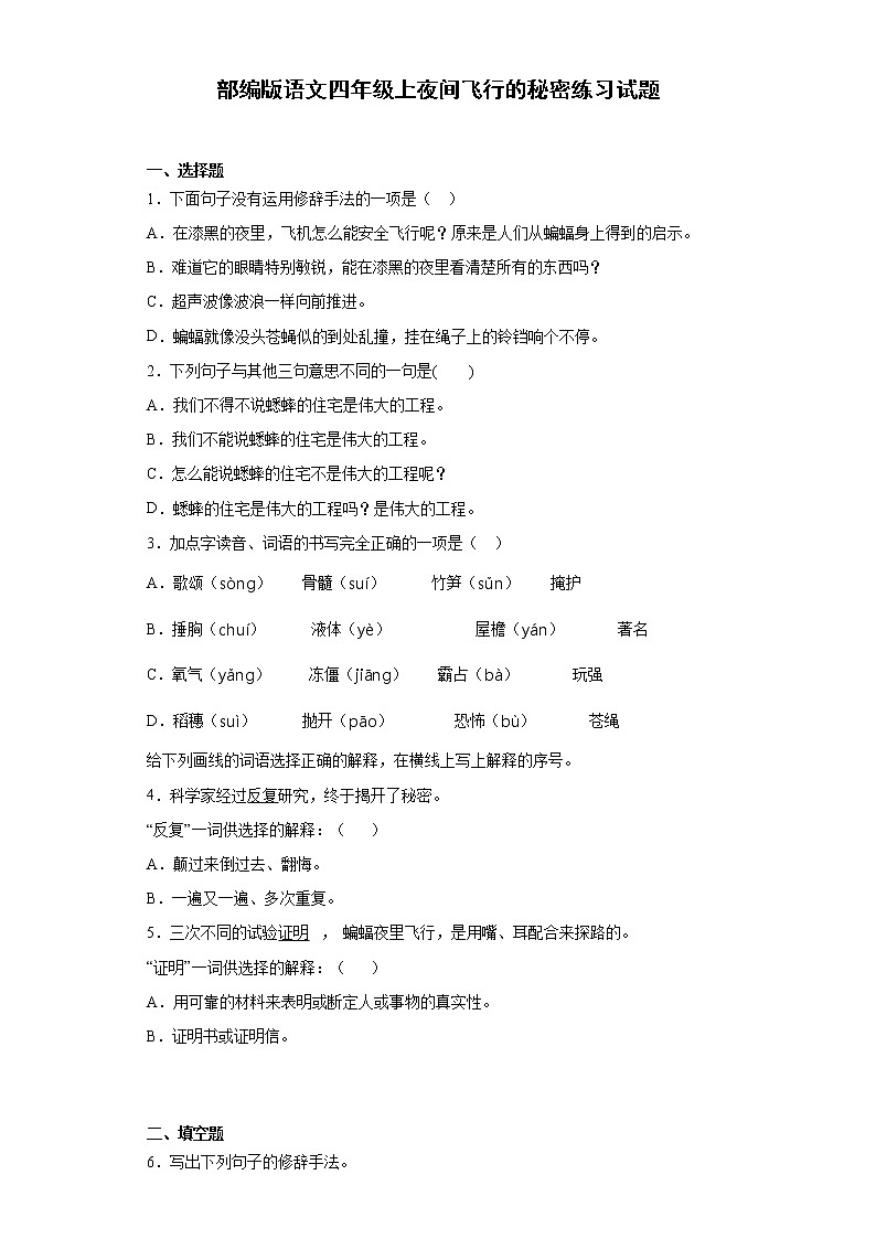 部编版语文四年级上夜间飞行的秘密练习试题01