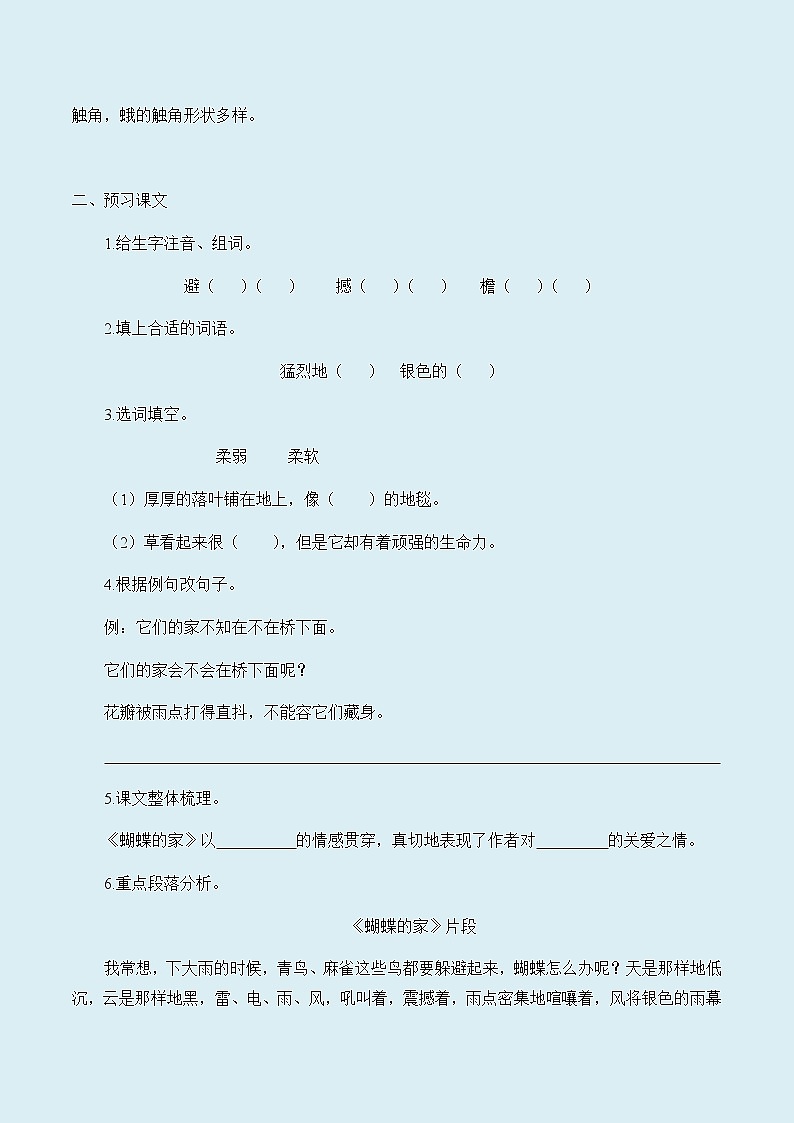 人教部编版（五四制）四年级上册语文 第二单元《蝴蝶的家》学案第2页