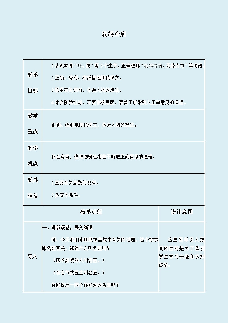 人教部编版（五四制）四年级上册语文 第八单元《扁鹊治病》教案01