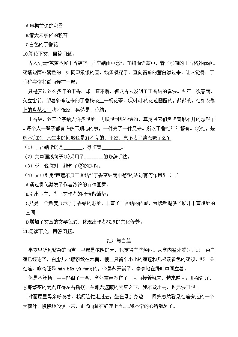 人教部编版 六年级上学期语文 第2课《丁香结》同步练习第3页