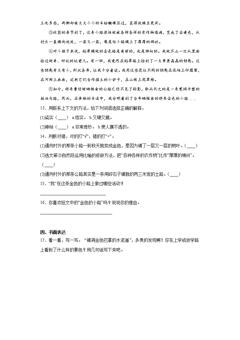 部编版语文三年级上铺满金色巴掌的水泥道练习试题03