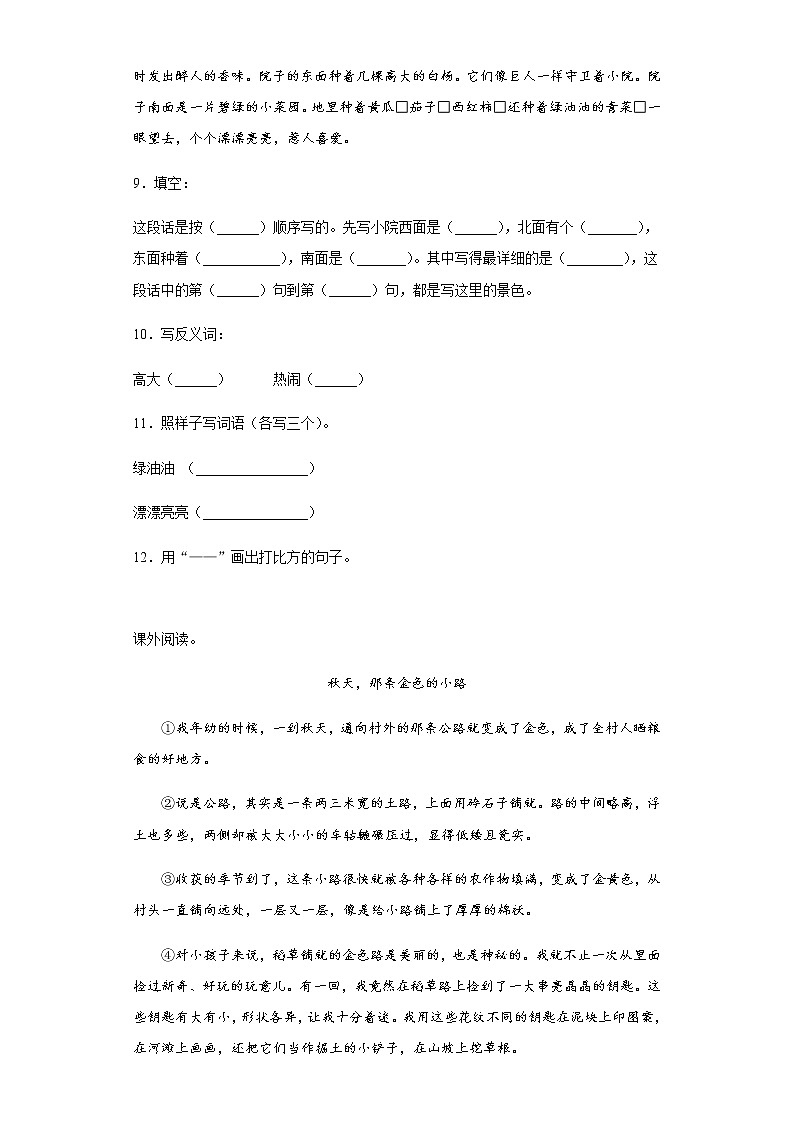 部编版语文三年级上铺满金色巴掌的水泥道练习试题03