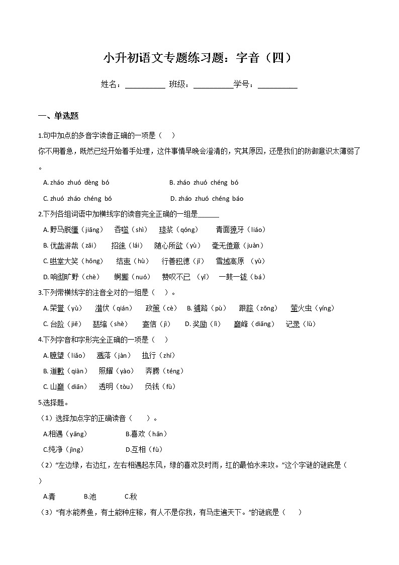 小升初语文专题练习题：字音（四）（Word版，含答案）第1页