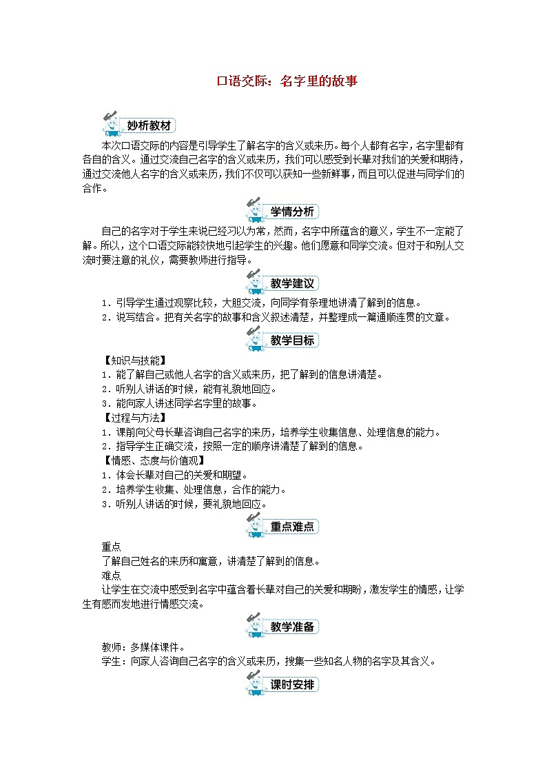 三年级语文上册第四单元口语交际：名字里的故事教案新人教版01