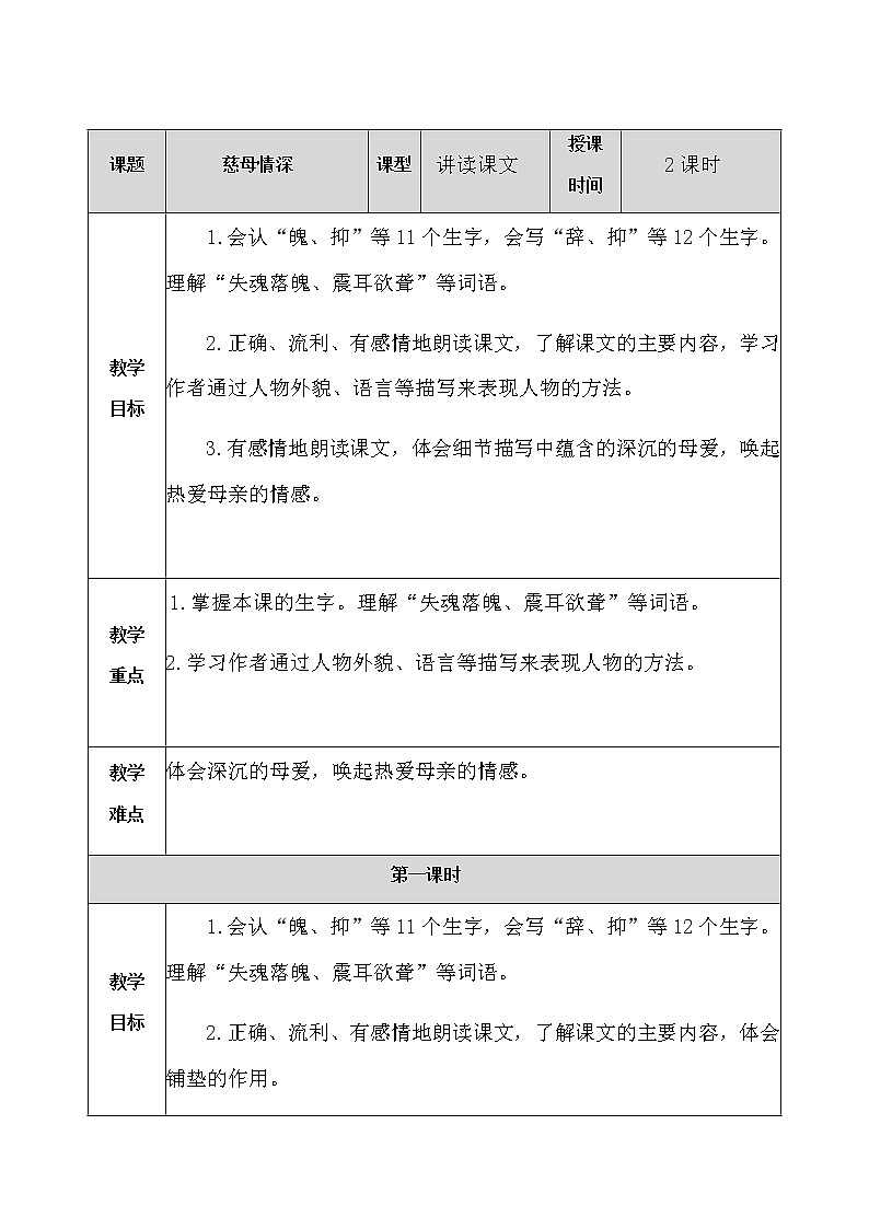 部编版语文五年级上册《慈母情深》教案第1页