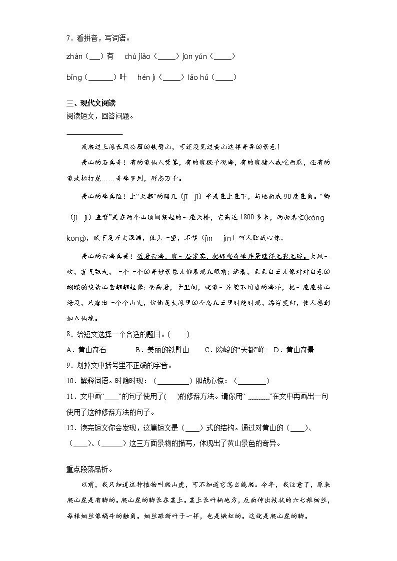 部编版语文四年级上册爬山虎的脚同步练习02