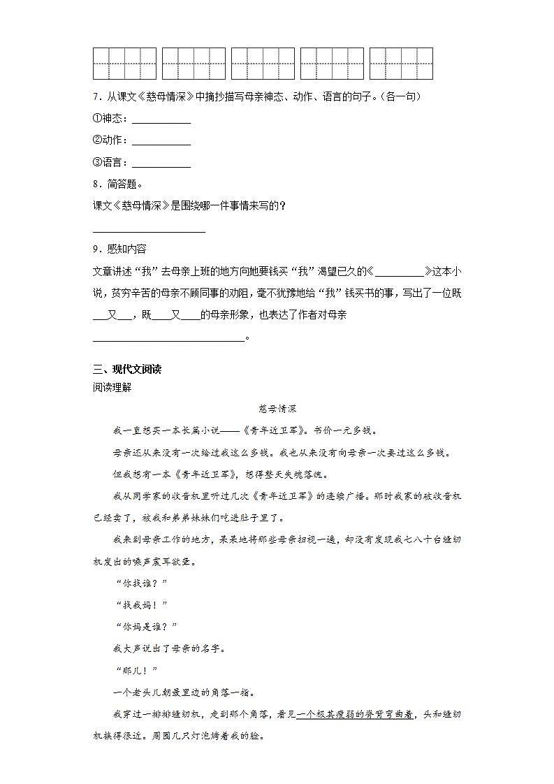 部编版语文五年级上册慈母情深同步练习试题02