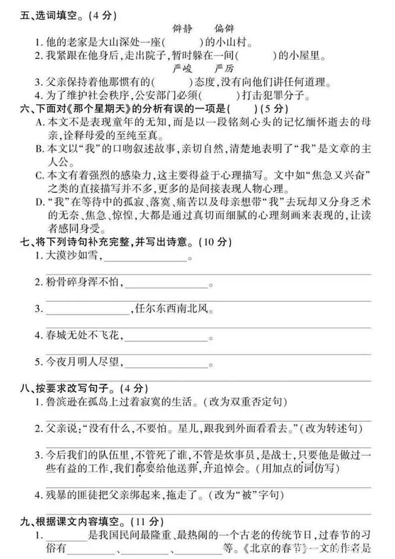 人教版黄冈定制密卷六年级下册期中语文试卷及参考答案2第2页