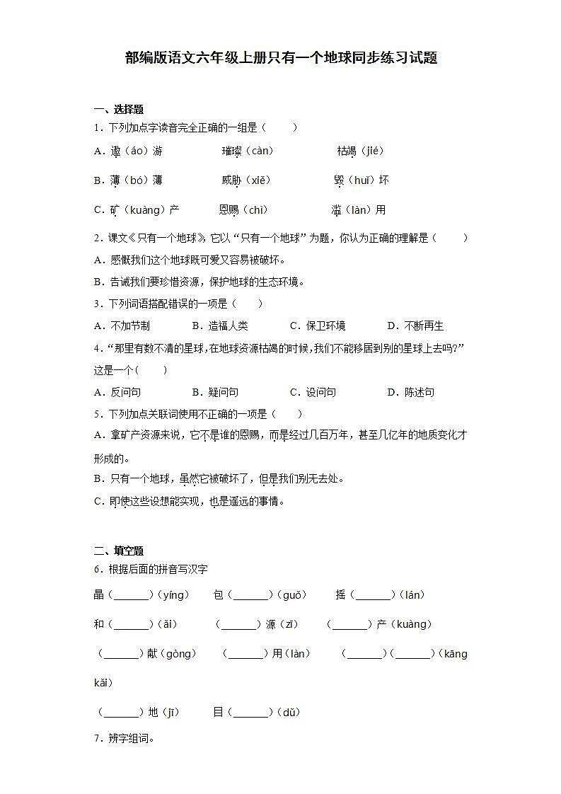 部编版语文六年级上册只有一个地球同步练习试题01