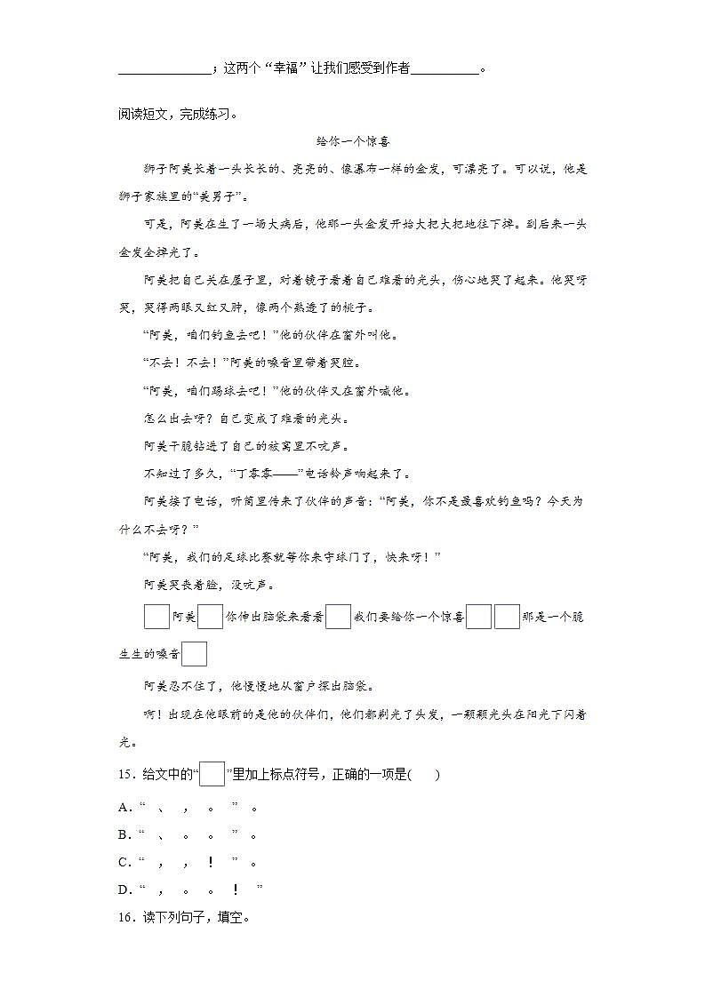 部编版语文三年级上册卖火柴的小女孩同步练习试题03
