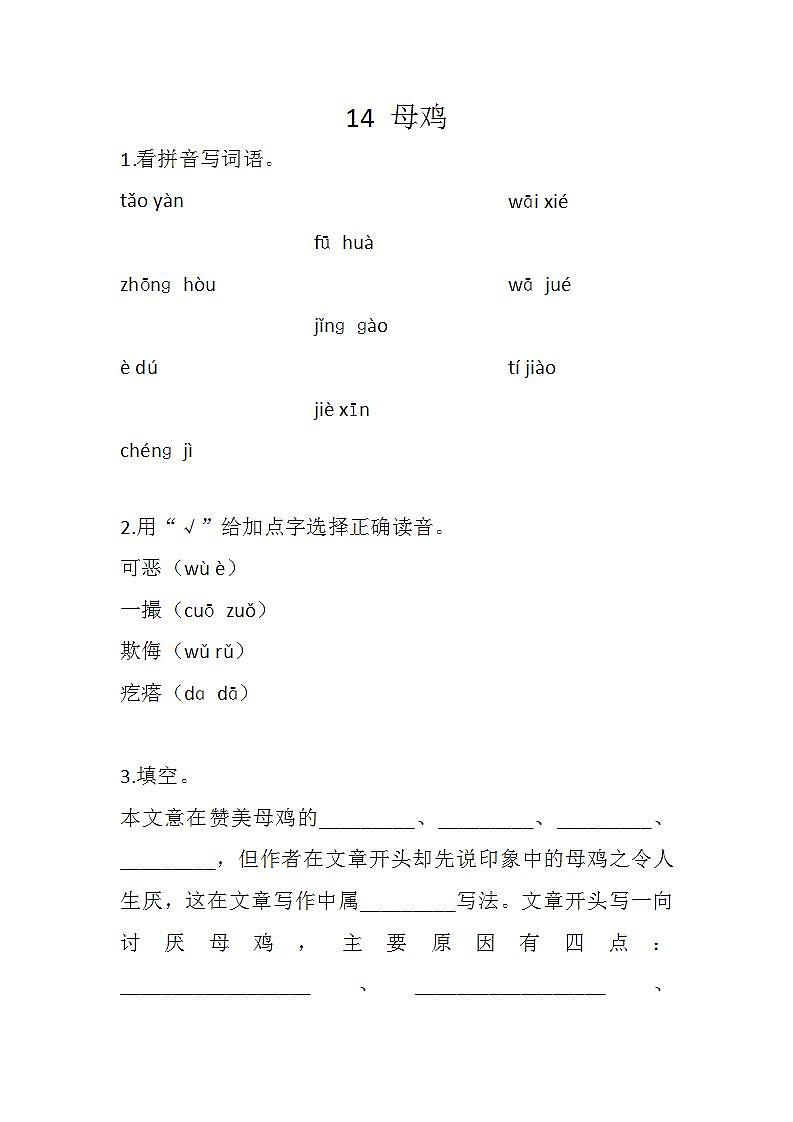 14 母鸡练习含答案第1页