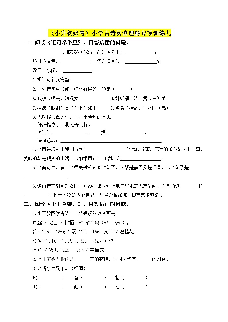 （小升初必考）小学古诗词阅读理解专项训练九01