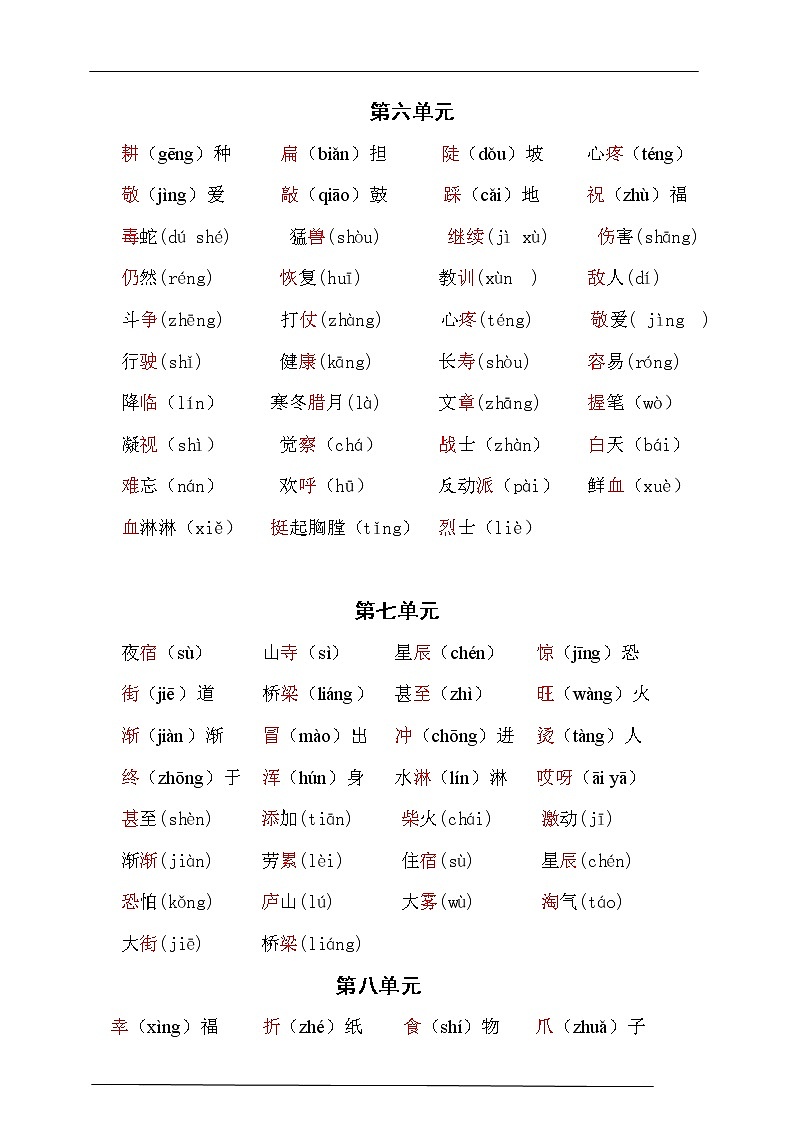 （必考！最新）部编版二年级语文上册易错读音分类复习（5-8单元）学案02