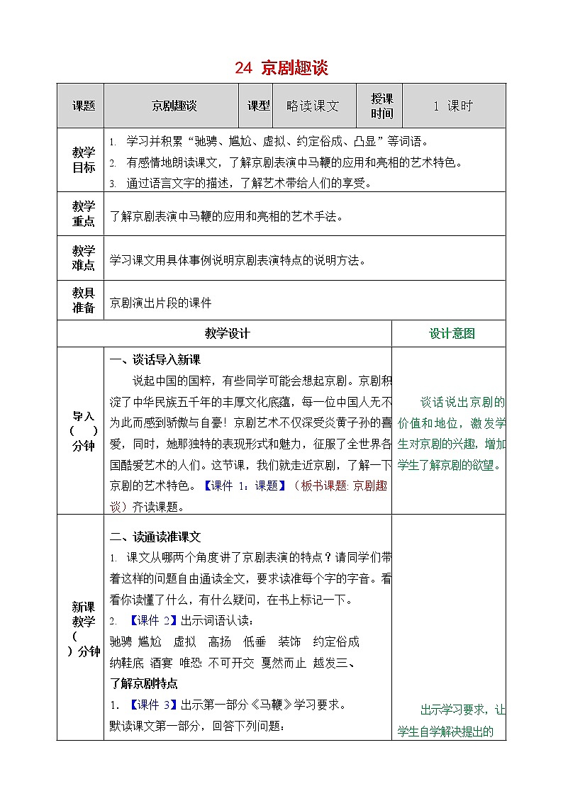 人教部编版语文六年级上册《24 京剧趣谈》教案教学设计小学优秀公开课第1页