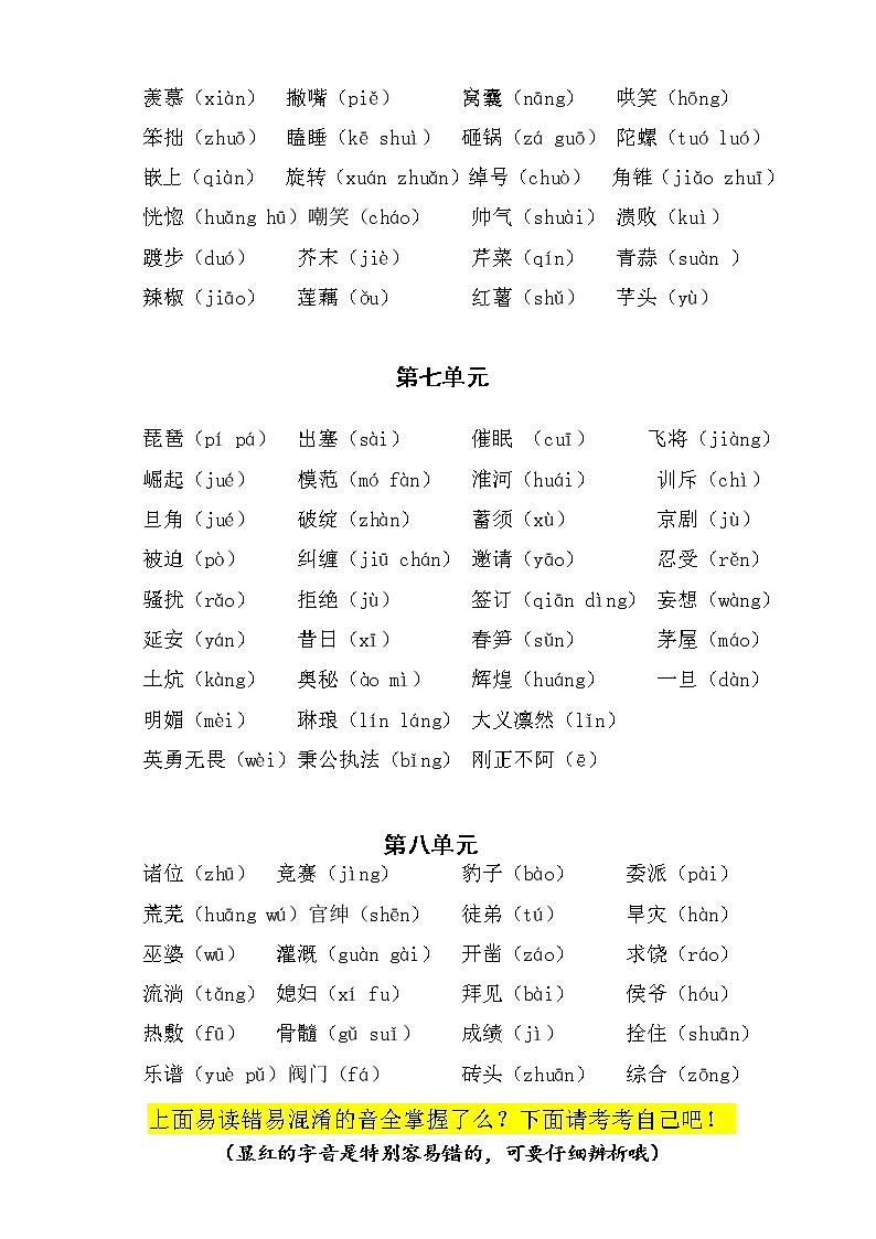 （必考！）部编版四年级语文上册易错读音分类复习（5-8单元）学案02