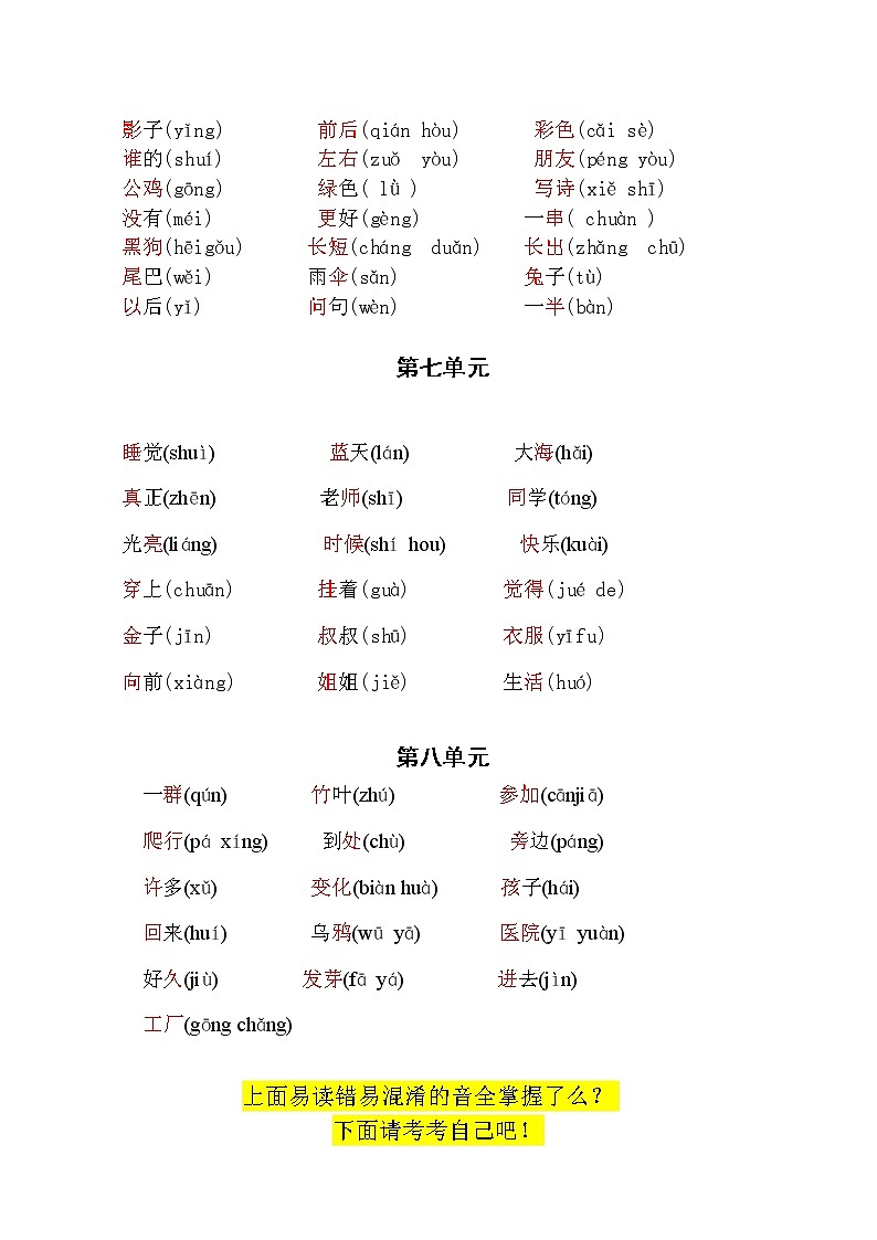 （必考！最新）部编版一年级语文上册易错读音分类复习（5-8单元）学案02