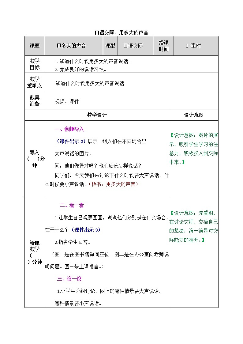 2021部编版一年级上册第六单元口语交际：用多大的声音教学设计第1页