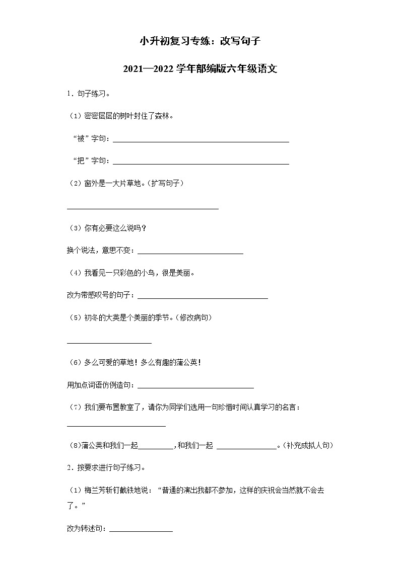 小升初复习专练：改写句子六年级语文第1页