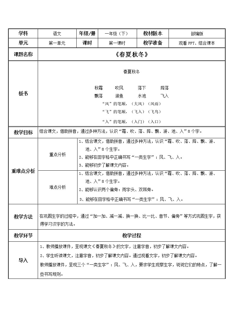 部编版语文一下《春夏秋冬》第一课时课件PPT（送教案）01