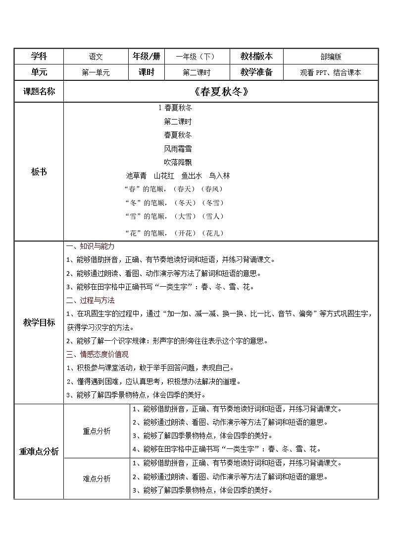 部编版语文一下《春夏秋冬》第二课时课件PPT（送教案）01