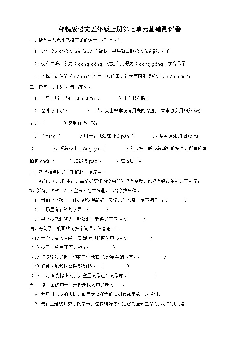 部编版语文五年级上册第七单元基础测评卷（含答案）第1页