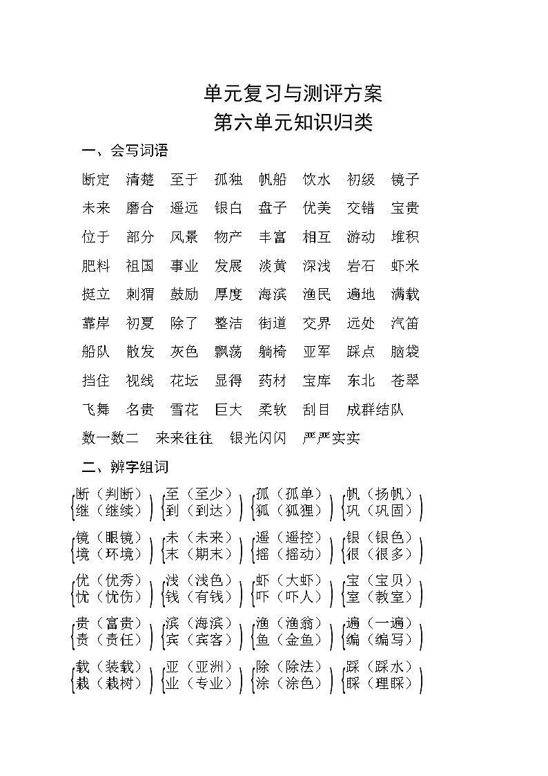 部编版语文三年级上册  第六单元知识归类 试卷练习01