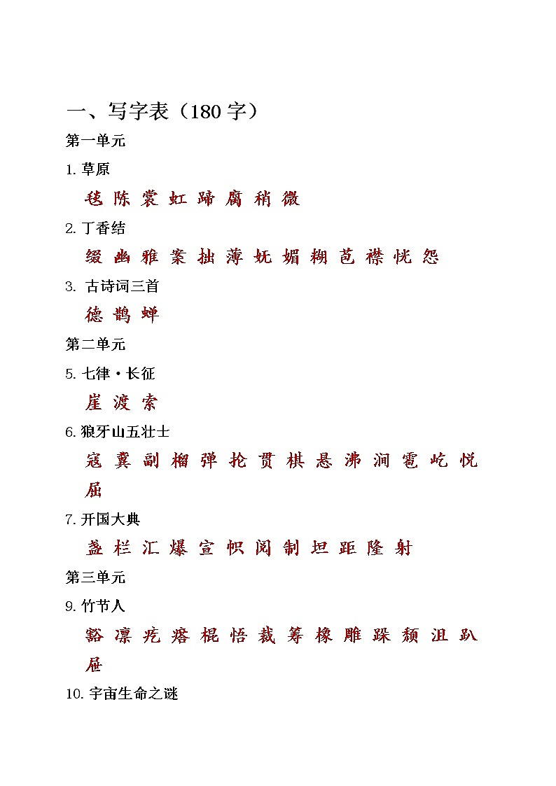 2021年部编版小学语文6年级上册期末复习《课本内生字词汇总》 学案01