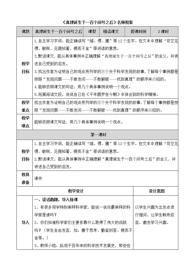 15《真理诞生于一百个问号之后》（教案）-2020-2021学年语文六年级下册第1页