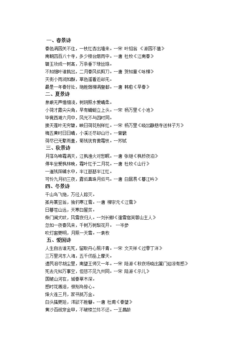 2021年部编版小学语文6年级上册 知识集锦之古诗分类练习题第1页