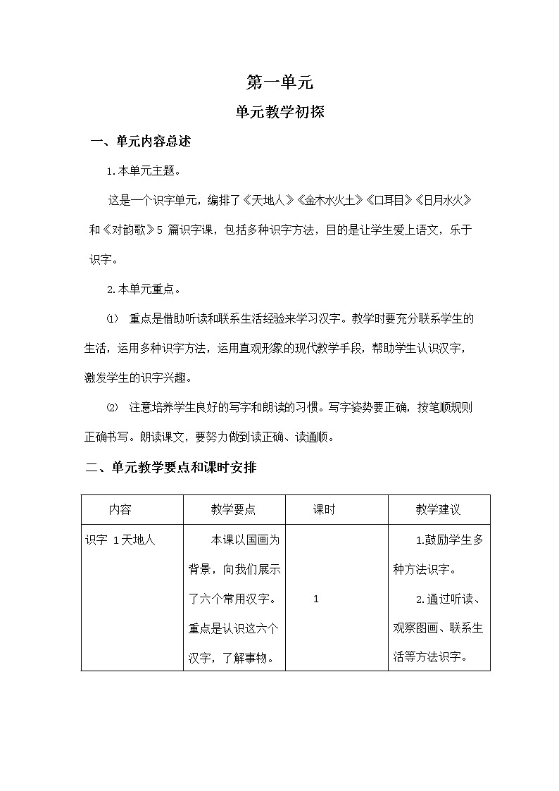 部编人教版一年级语文上册《第一单元教学初探》教学设计小学教案第1页