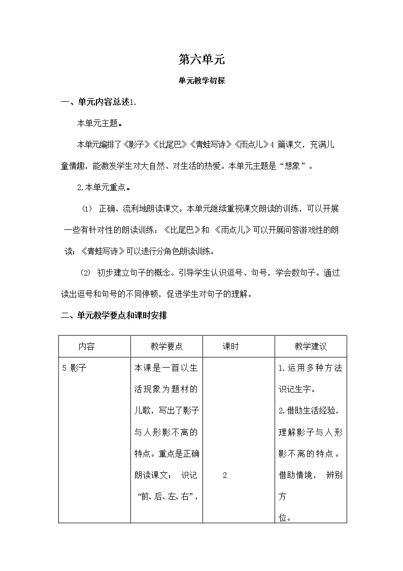 部编人教版一年级语文上册《第六单元教学初探》教学设计小学教案01