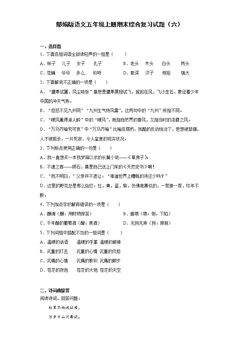部编版语文五年级上册期末综合复习试题（六）01