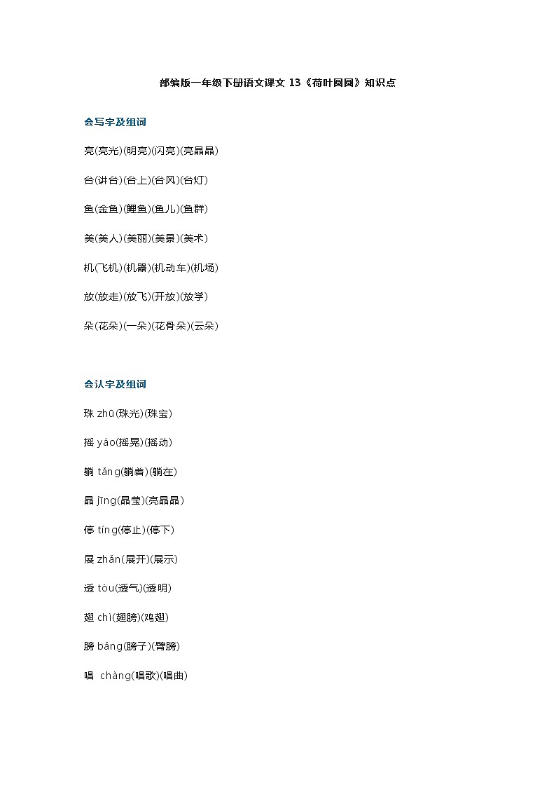 21部编版一年级下册语文课文13《荷叶圆圆》知识点第1页