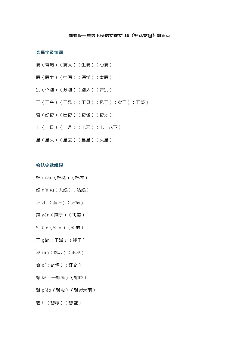 27部编版一年级下册语文课文19《棉花姑娘》知识点第1页