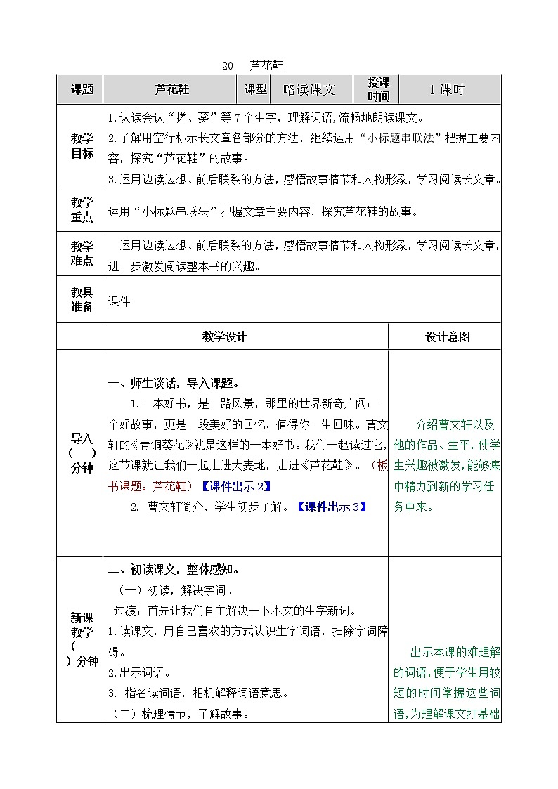 部编版语文四年级下册20 芦花鞋教案第1页