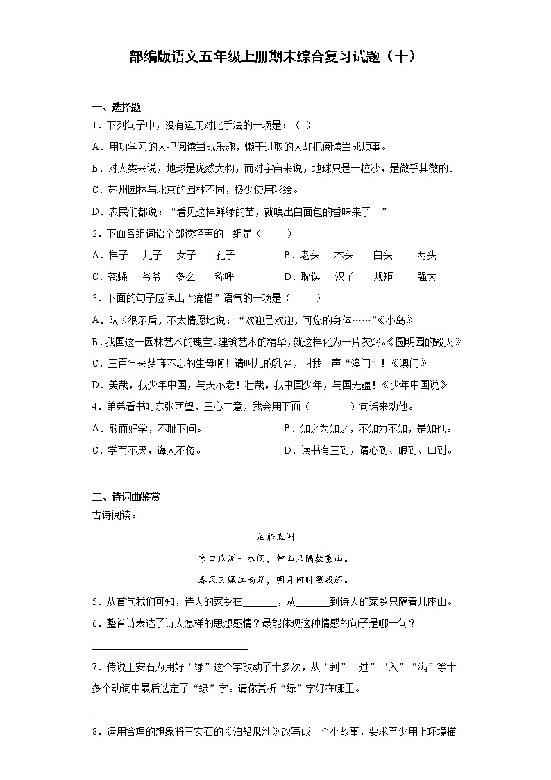 部编版语文五年级上册期末综合复习试题（十）第1页