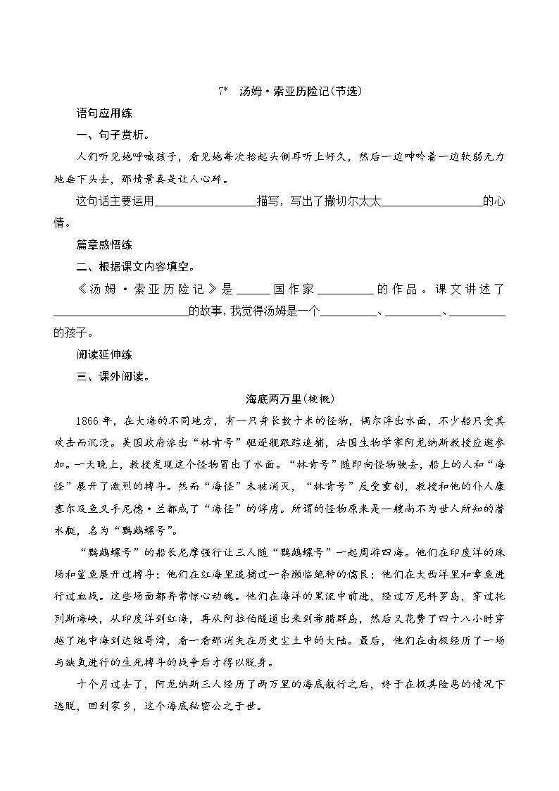 7《汤姆索亚历险记（节选）》课时测评01