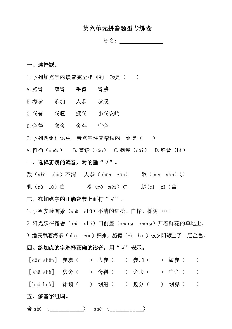 三年级上册语文试题-第六单元拼音题型专练卷  人教部编版  （含答案）第1页