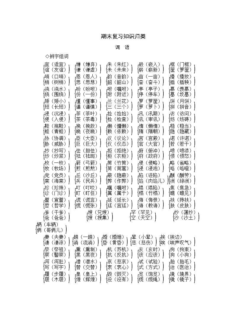 人教部编版语文五年级上册  期末复习知识归类二  词语专项 练习01