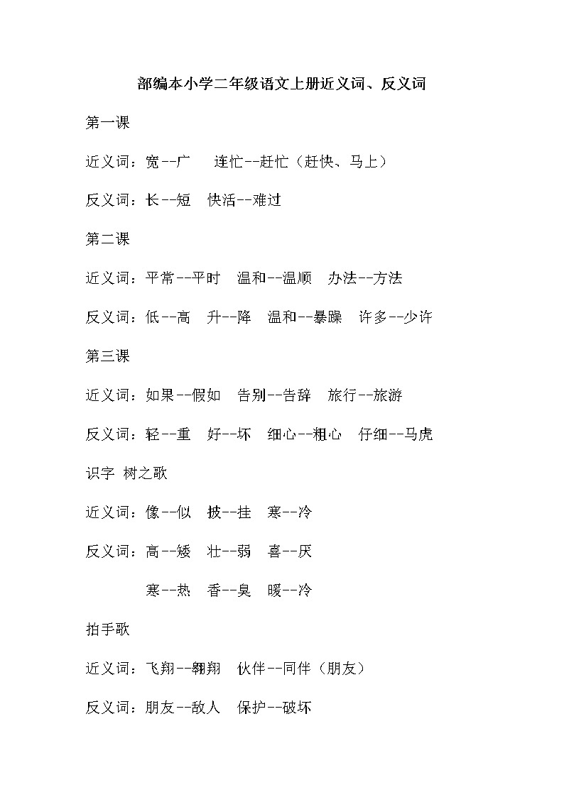 部编本小学二年级语文上册近义词反义词积累第1页