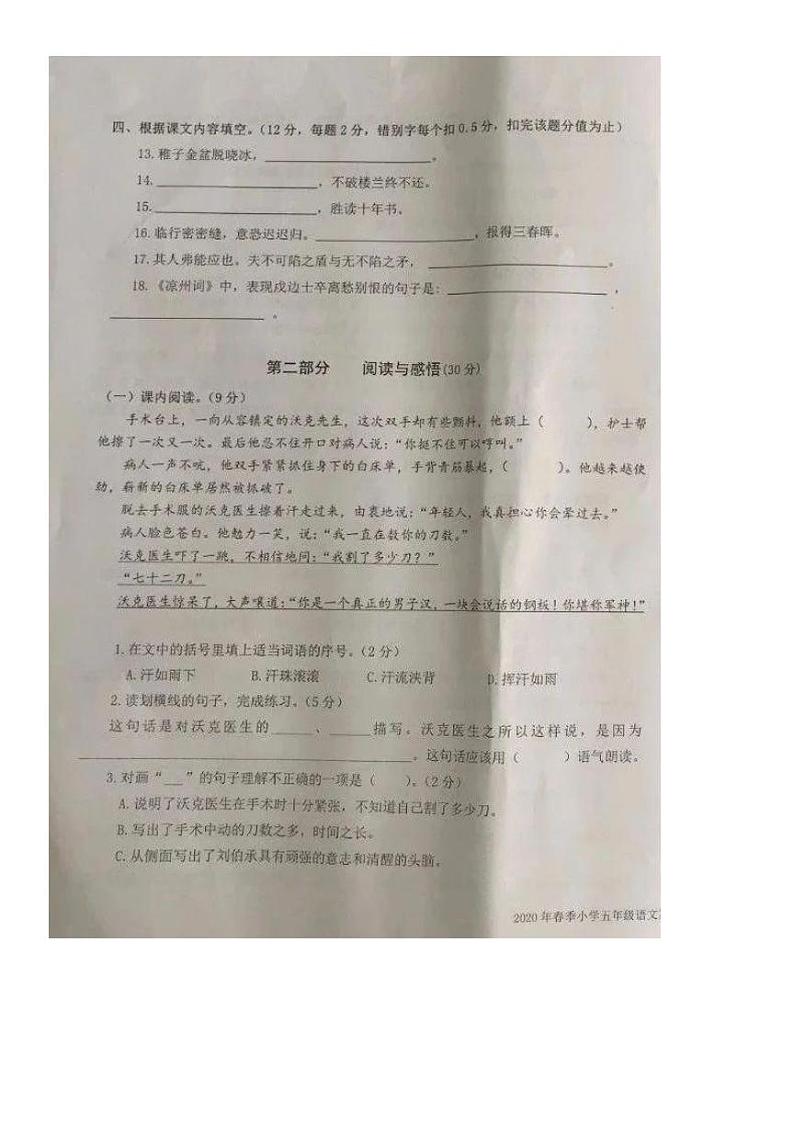 福建省泉州市安溪县2019-2020学年第二学期五年级语文期末考试试题（图片版，含答案）第3页