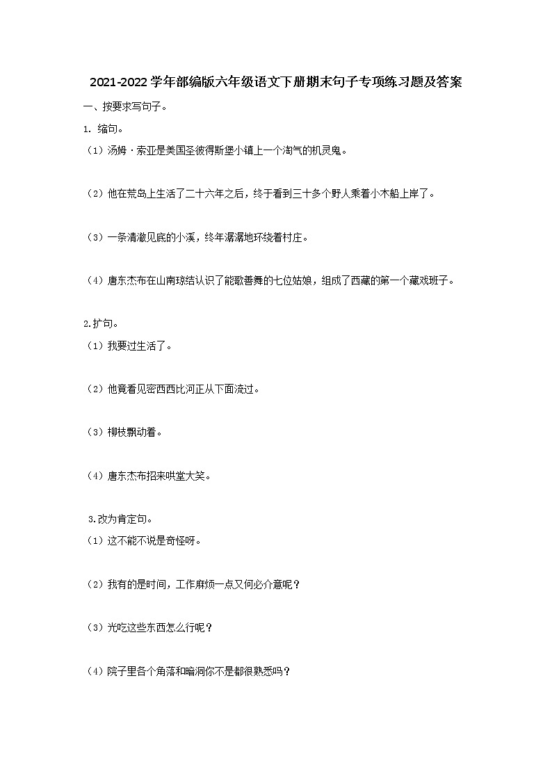 2021-2022学年部编版六年级语文下册期末句子专项练习题及答案第1页