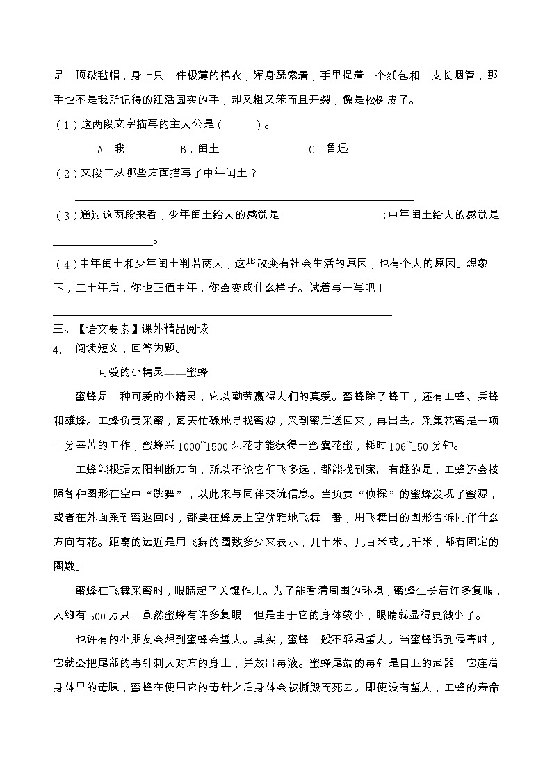 人教部编版六年级语文上册期末阅读提升训练（含答案）(9)第3页
