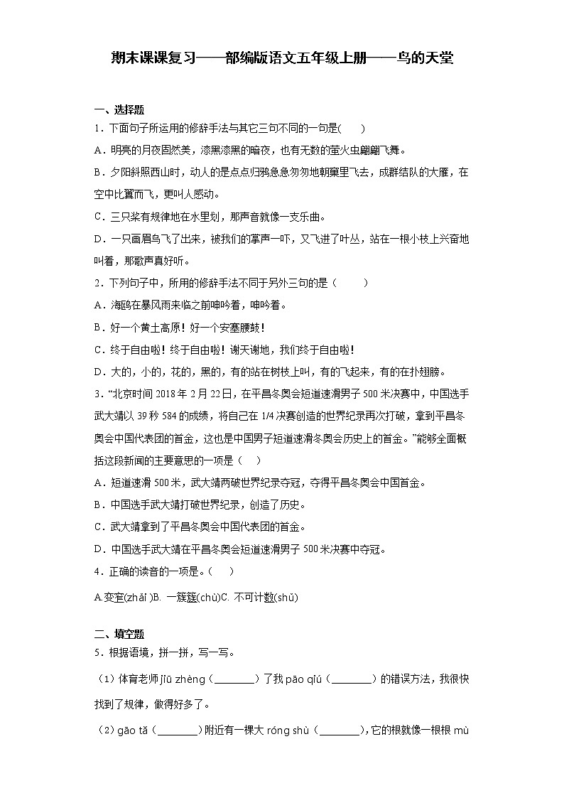 期末课课复习——部编版语文五年级上册——鸟的天堂第1页
