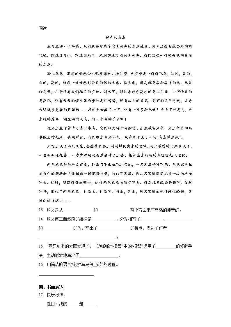 期末课课复习——部编版语文五年级上册——小岛 试卷03
