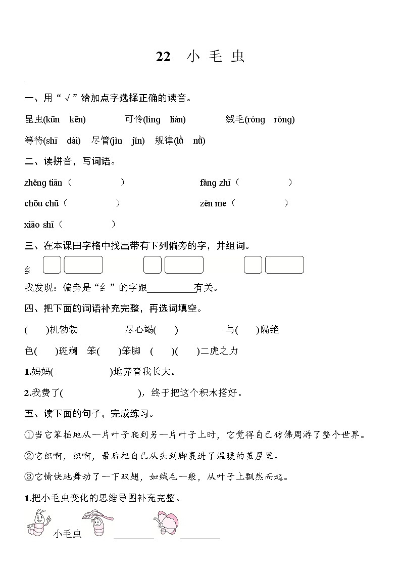 部编版（五四制）语文二下 22　小毛虫 练习01
