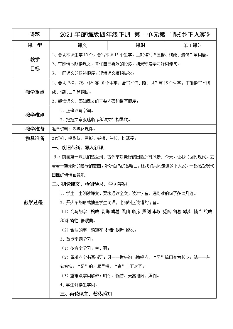 2021年部编版四年级下册《乡下人家》（第1课时）教案第1页